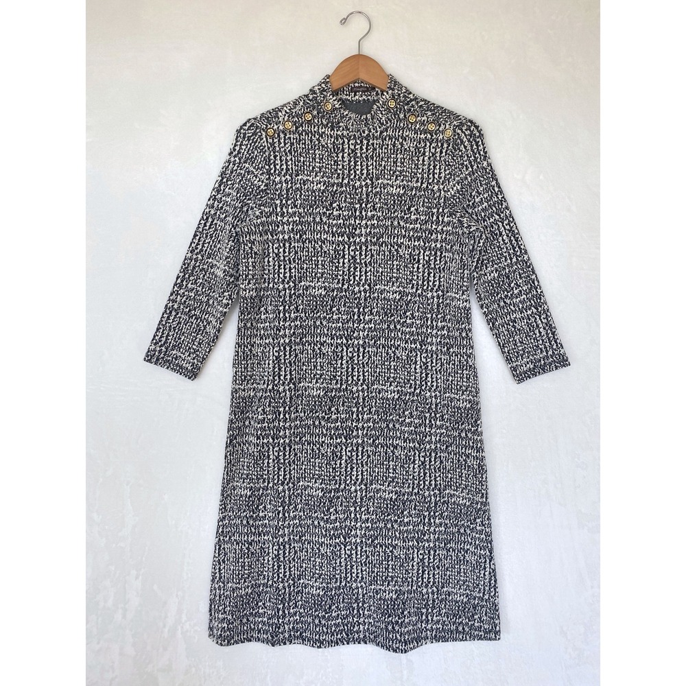 J McLaughlin Tweed Dress Black White Gold Button Mock Neck Sheath XS